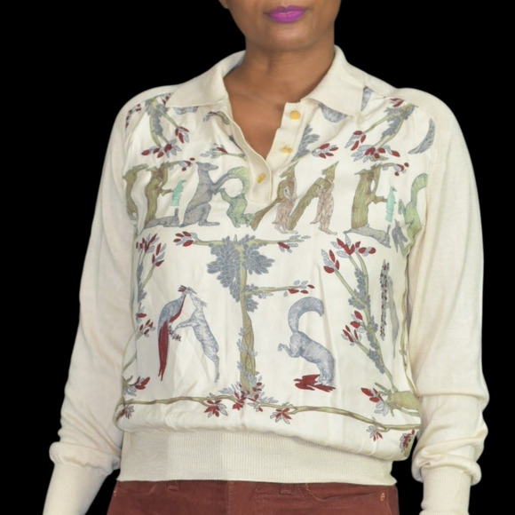 Vintage Hermes Alphabet Polo Top Beige Print Silk Scarf Knit Annie Faivre Small - Picture 16 of 16